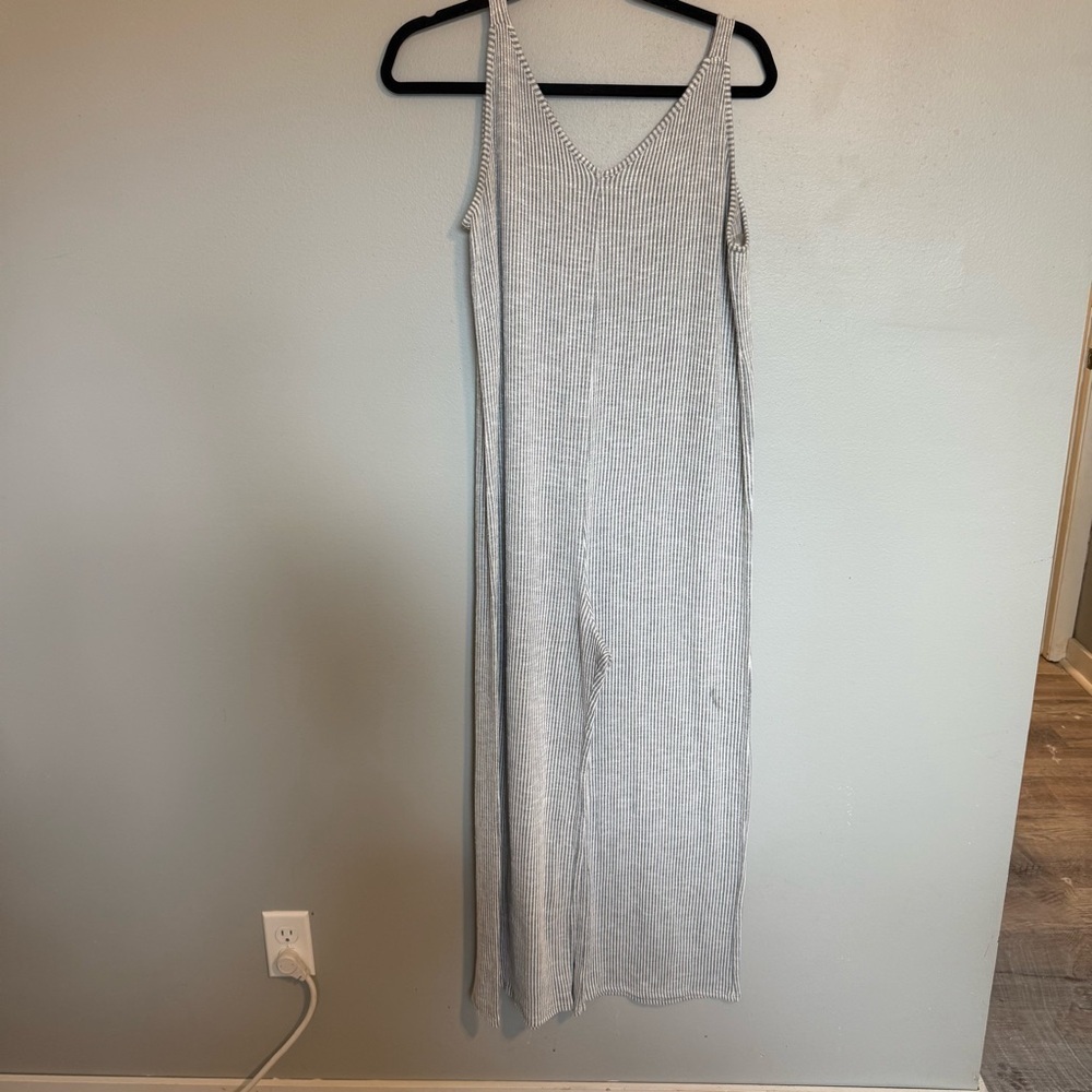Caution To The Wind Jumpsuit Womens Medium Gray Wide Leg Crop Stripe Ribbed Knit